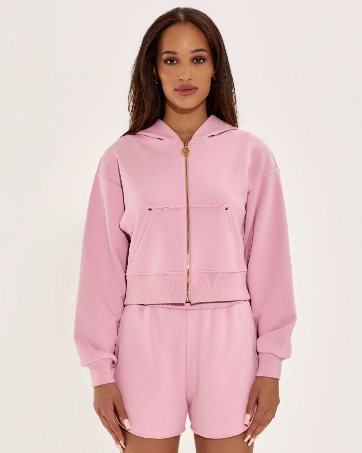 Pink Cropped hoodie with zipper and pockets – relaxed urban